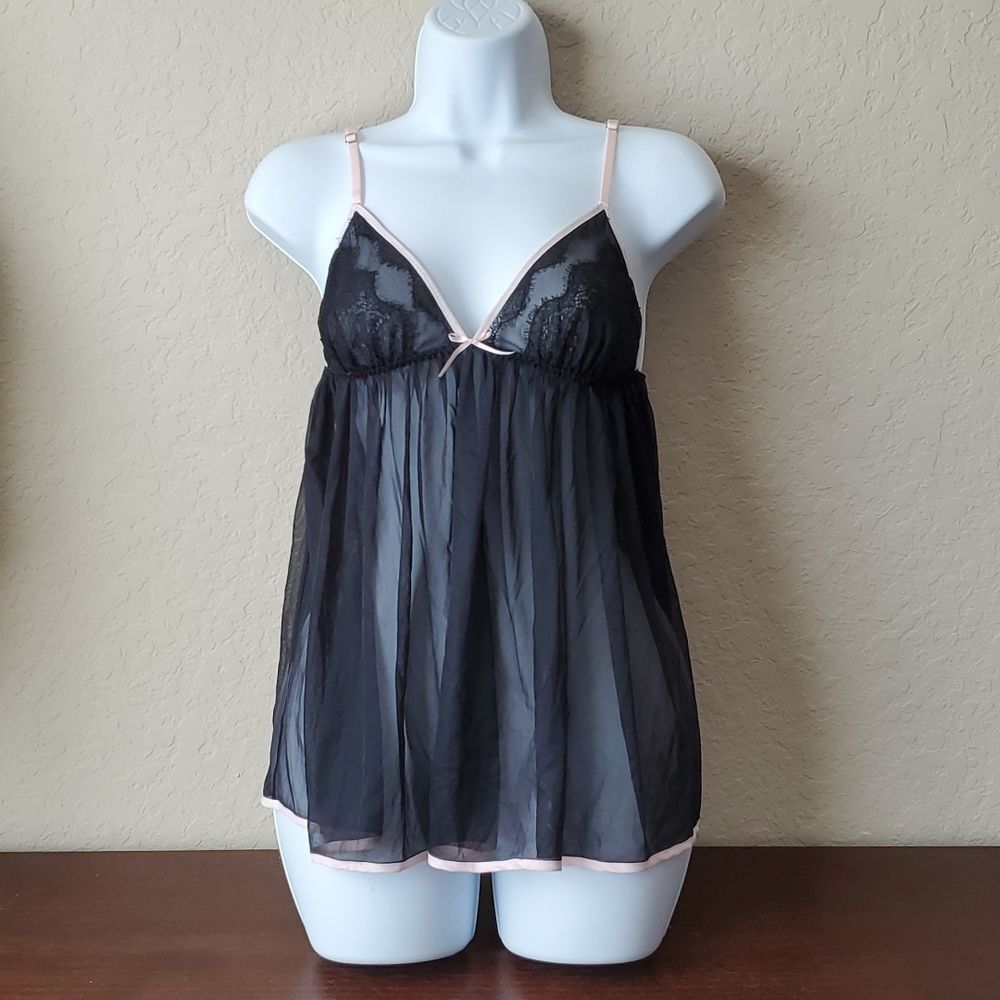 Victoria's Secret Black Sheer Babydoll Lingerie Top Lace Trim Bow Pink Accents S